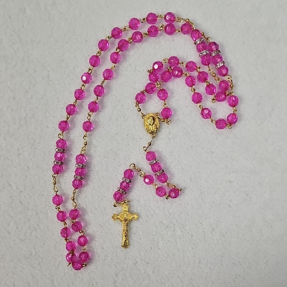 Gold-Plated Cross Rosary Necklace with Hot Pink Beads